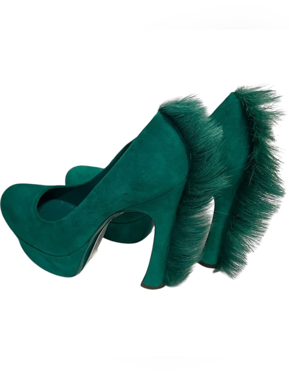 Saint Laurent Emerald Green Suede Platform Pumps with Fur Accent - Picture 2 of 3